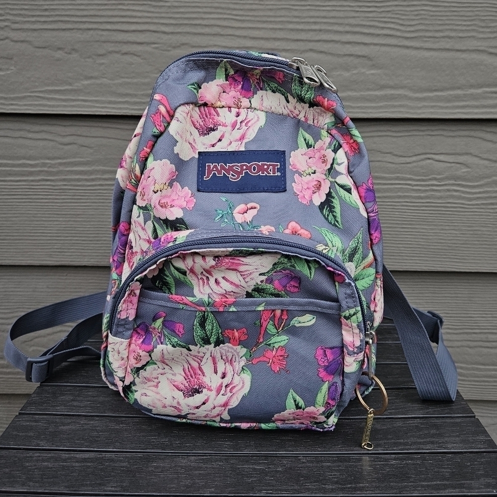 Jansport Backpack Half Pint Mini Bag Backpack Floral Print Gray Pink Purse CLEAN